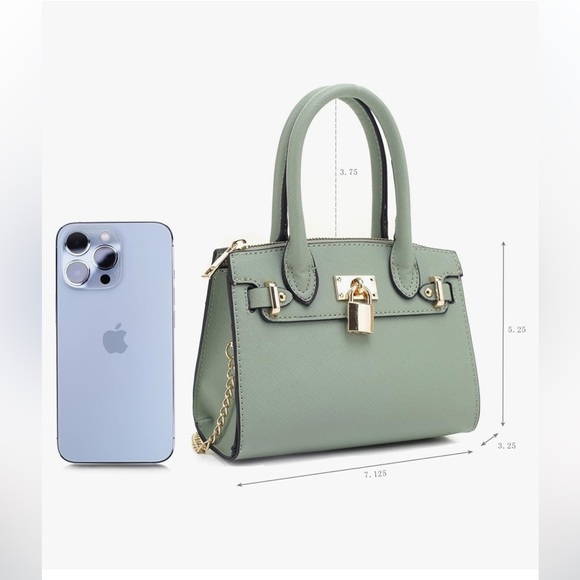 Pistachio green vegan leather top handle bag w/ gold hardware lock,  attachab… - Picture 2 of 5